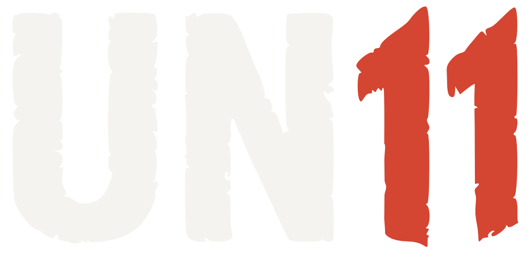 un11 logo, white letter U and N, red numbers 11