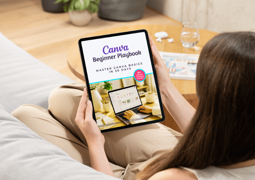 A tablet showing the cover of The 30-Day Standout Canva Roadmap by DigiDropz