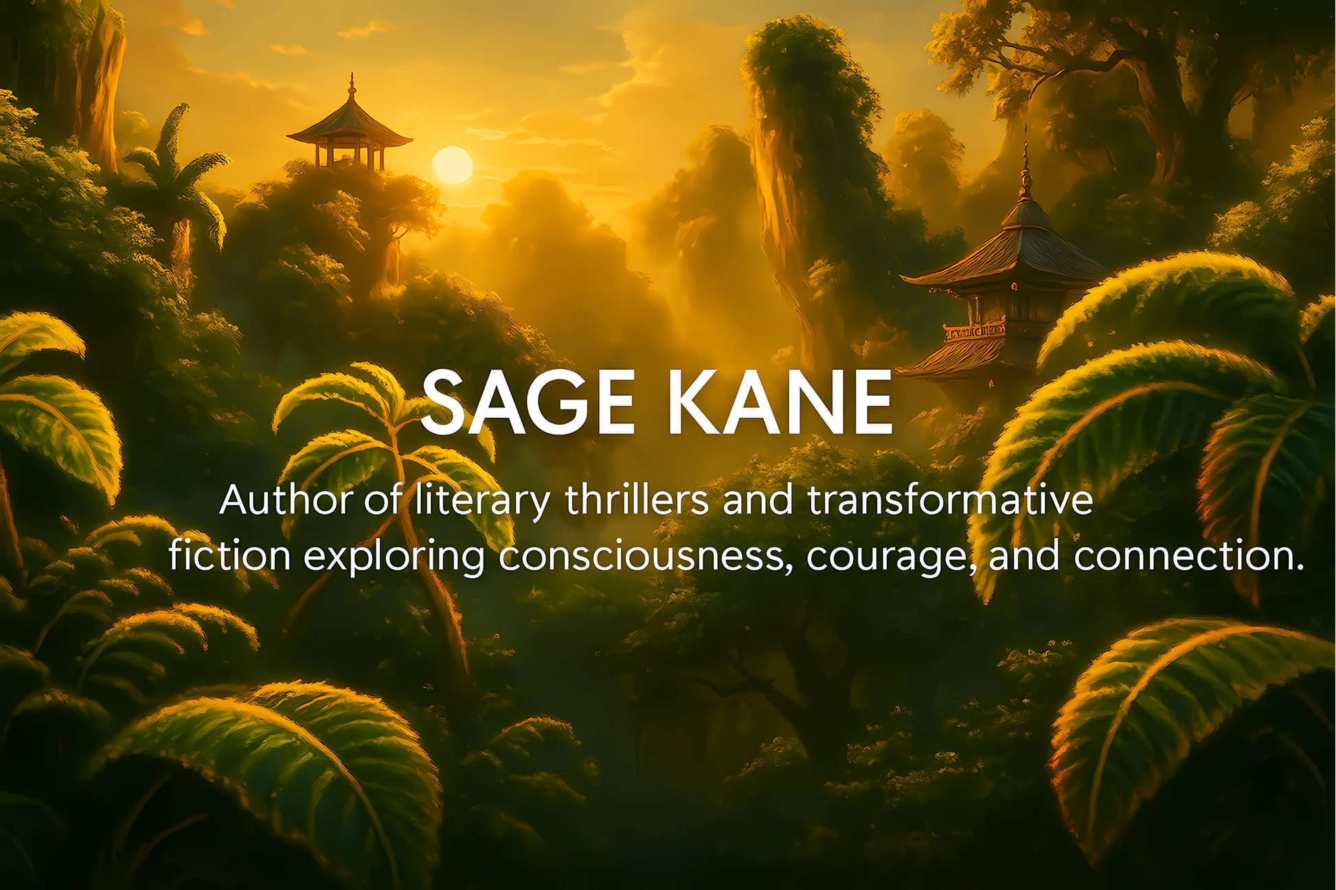 Sage Kane author banner – literary thrillers and transformative fiction about consciousness, courage, and connection