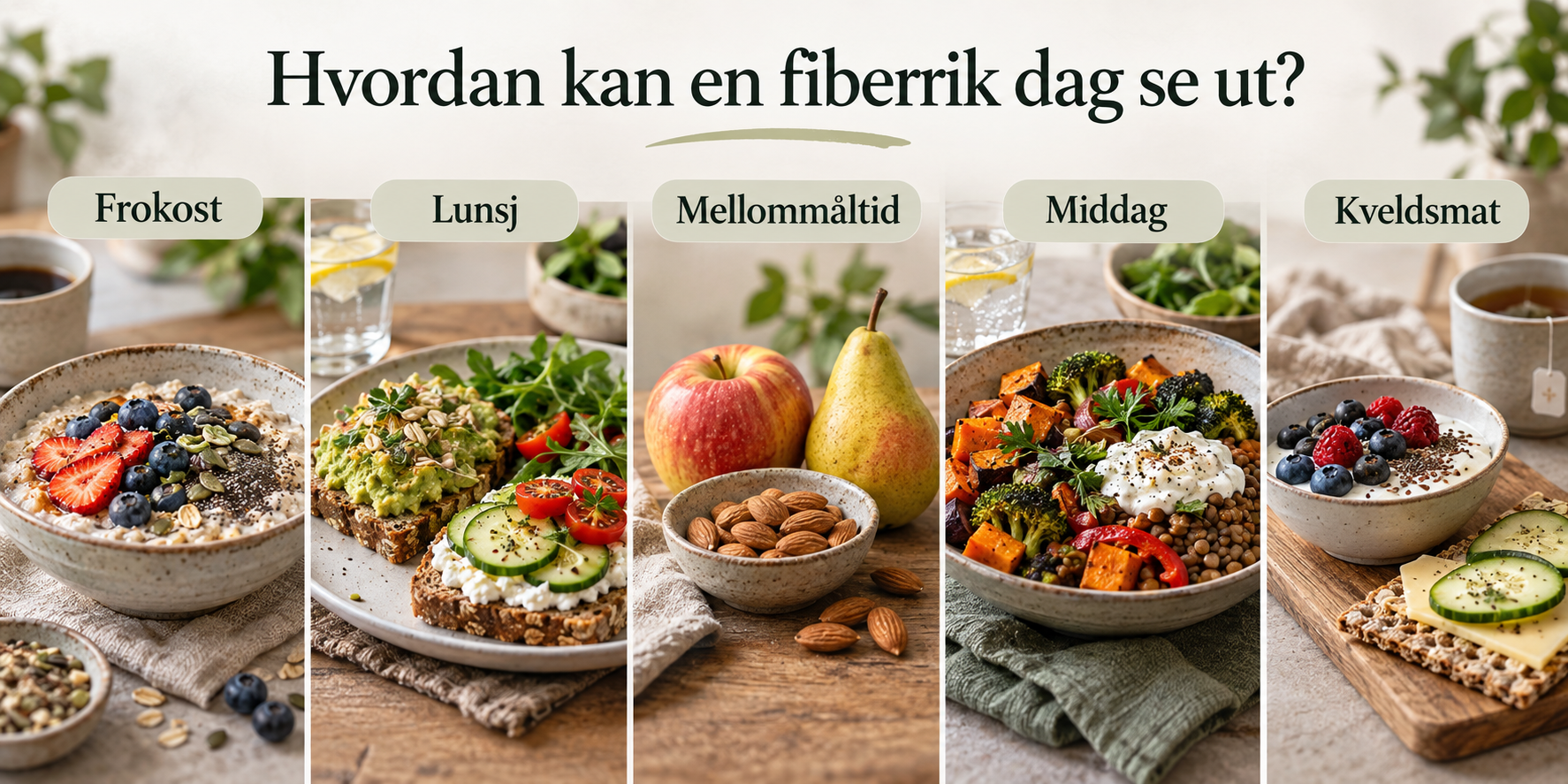 Illustrasjon av fiberrike matvarer som kan spises til frokost, lunsj, mellommåltid. middag og kveldsmat