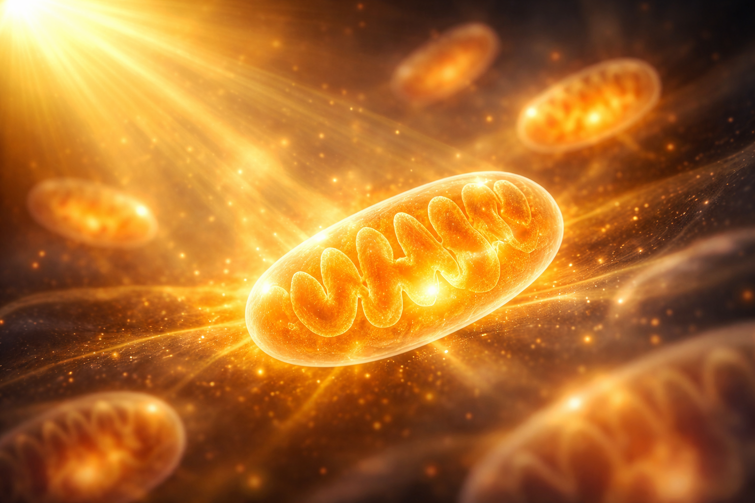 Glowing mitochondria illuminated by golden sunlight representing cellular energy production