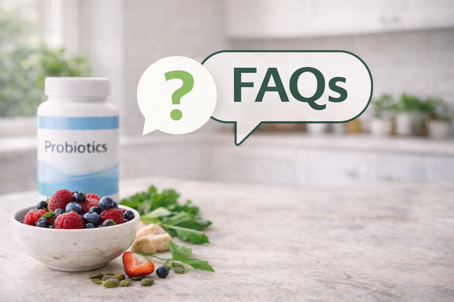 Minimal kitchen scene with a bowl of berries and a probiotic supplement bottle in the  background with a simple FAQ speech bubble icon
