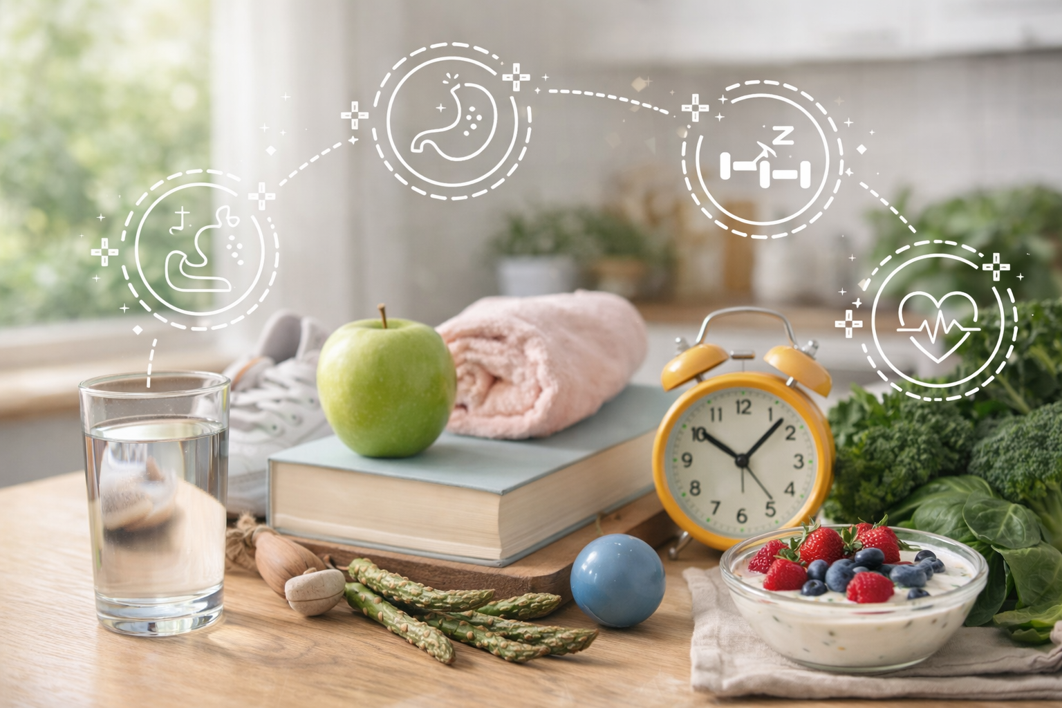 Glass of water, apple, yogurt with berries, leafy greens, asparagus, and a clock arranged on a  table with wellness icons representing digestion, sleep, movement, and heart health