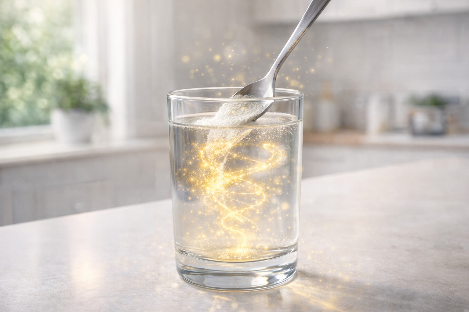 Glass of water with a spoon stirring fiber powder, creating glowing golden swirls in a bright  kitchen