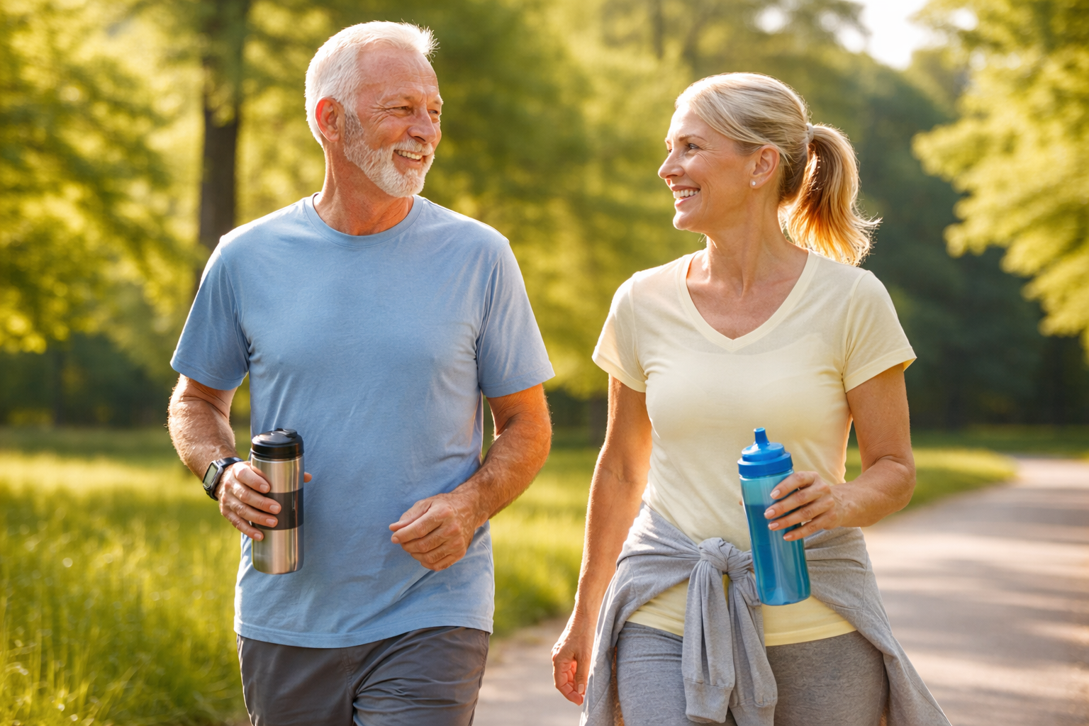 Active senior couple walking together outdoors, representing healthy joints and improved  mobility.