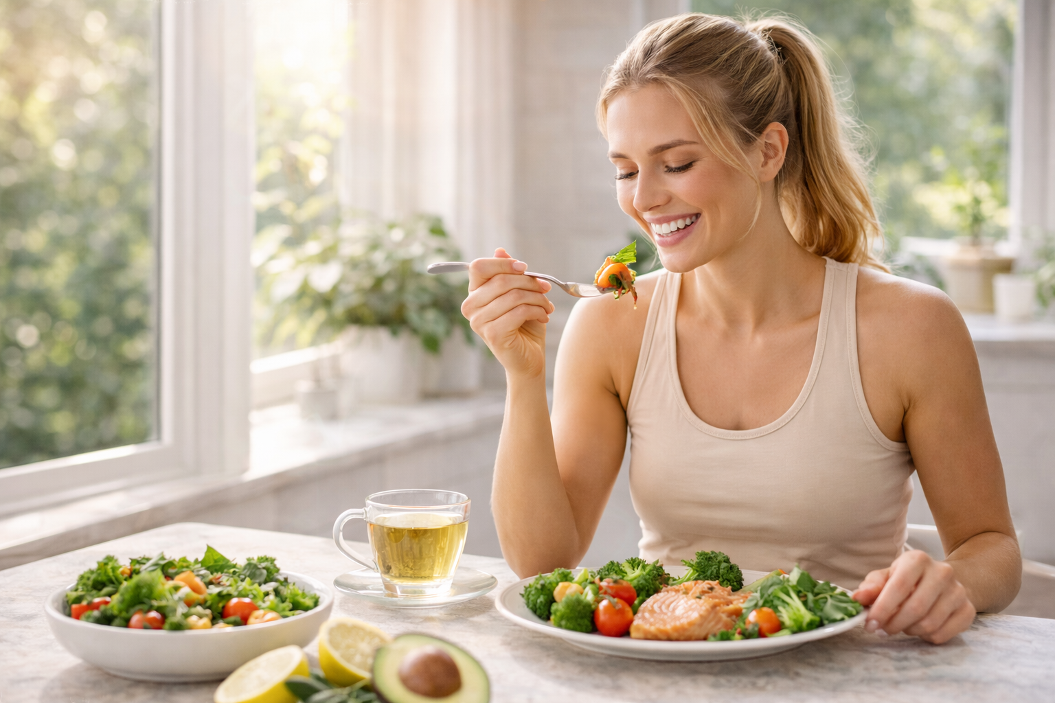 Woman enjoying a healthy meal with salmon, vegetables, and herbal tea in a bright kitchen