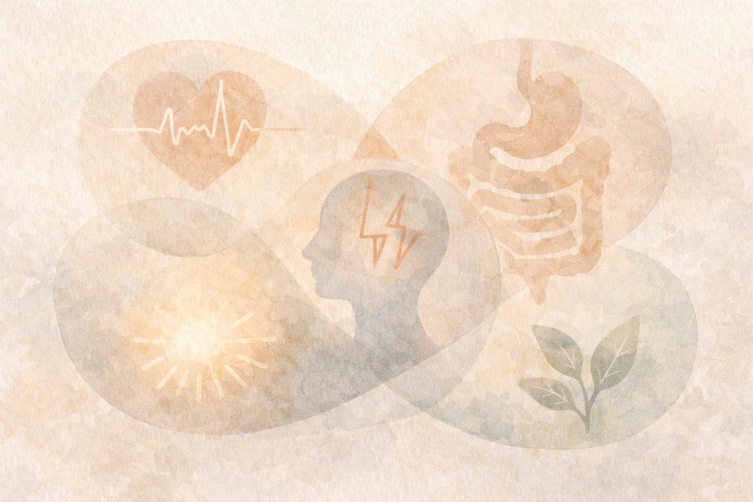 Abstract painterly wellness illustration showing overlapping body systems including energy, digestion, stress, and recovery in soft neutral tones.