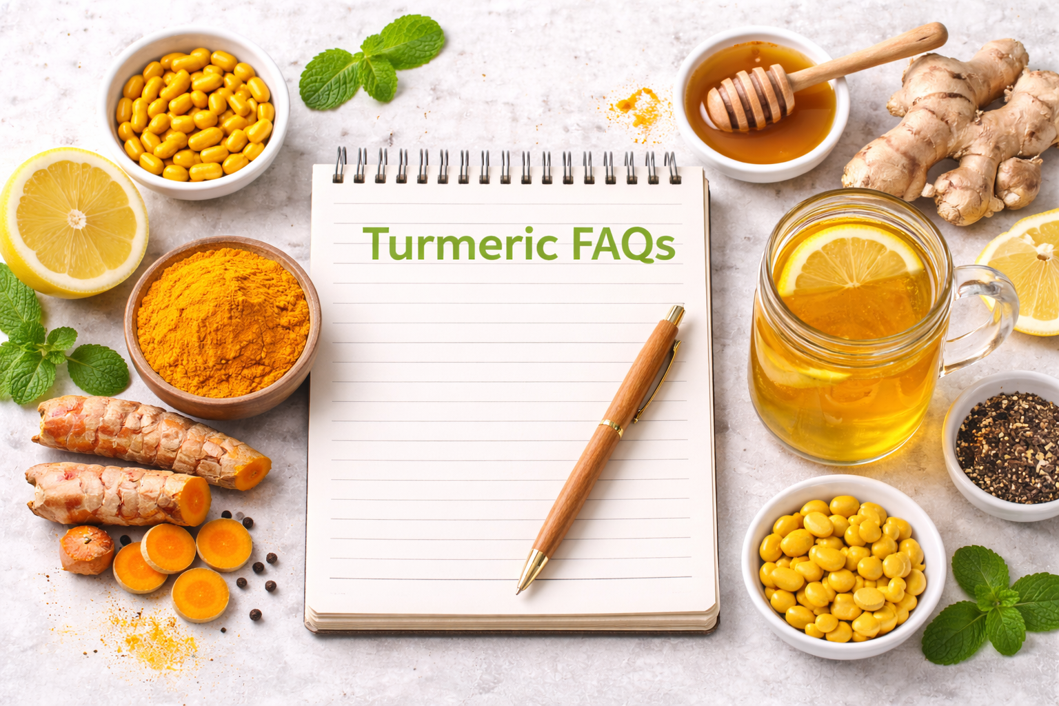 Flat lay of turmeric capsules, fresh turmeric root, turmeric tea, and spices surrounding a  notepad labeled turmeric FAQs.