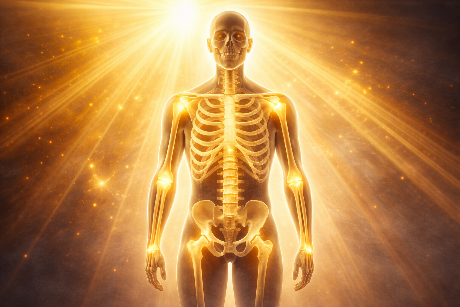 Glowing human skeleton illuminated by golden sunlight representing strong bones and muscle  support