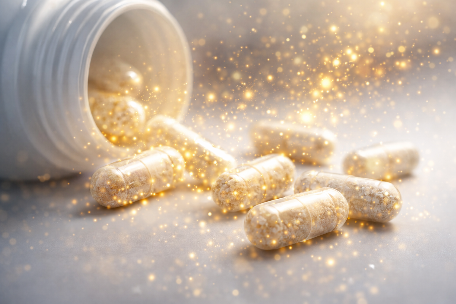 Close-up of probiotic capsules spilling from a bottle with glowing particles symbolizing live  beneficial bacteria