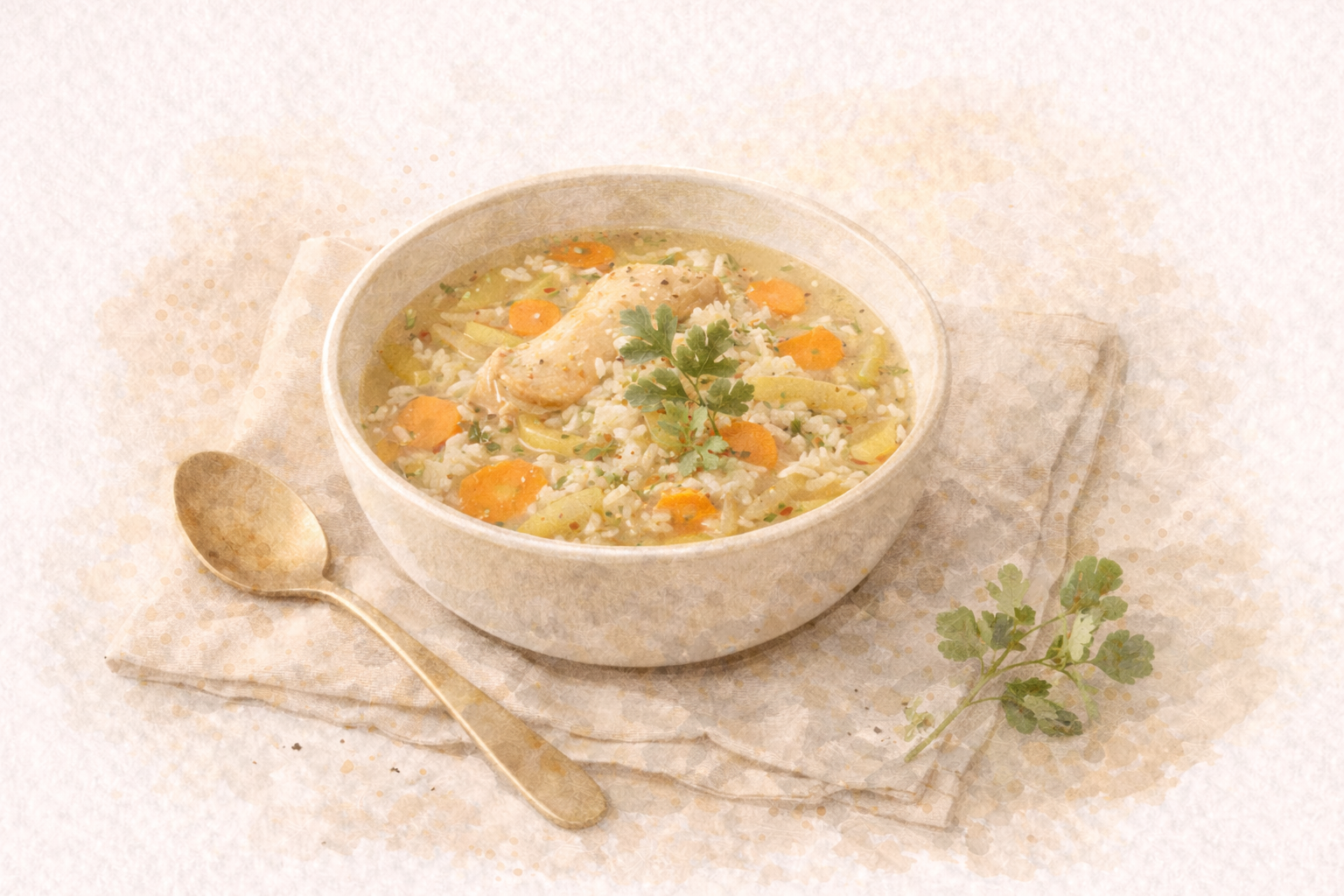 Illustrated image of a warm, simple cooked meal symbolizing nourishment and digestive  support during wellness adjustment