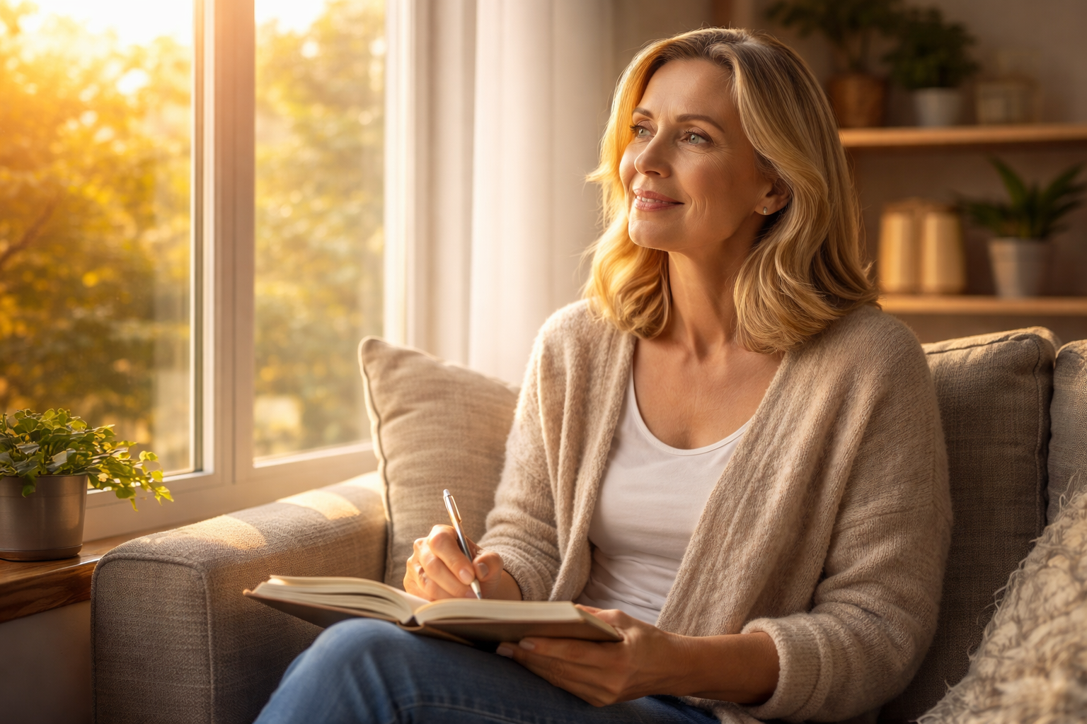 Middle-aged woman sitting by a window journaling calmly with sunlight illuminating her face