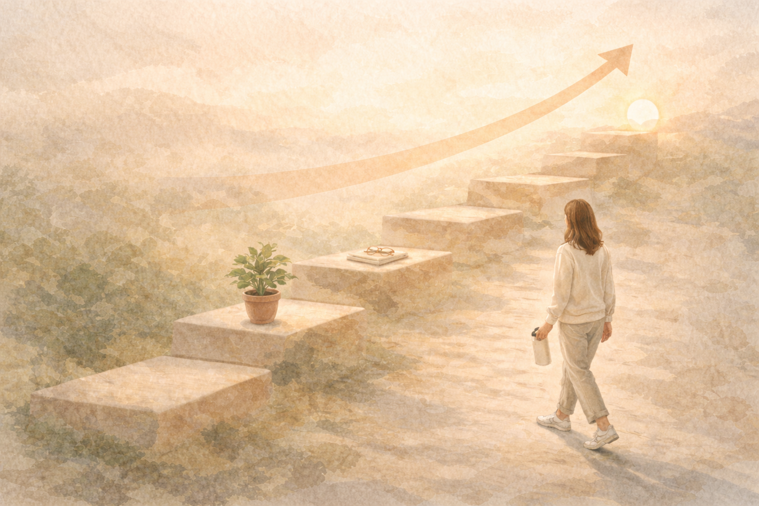 Editorial painterly illustration symbolizing steady long-term wellness progress with a grounded and calm mood.