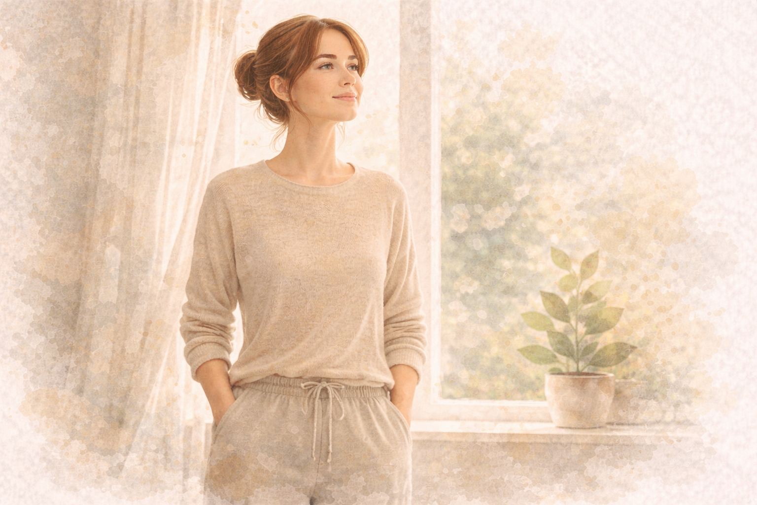 Editorial wellness illustration of a person standing calmly in natural light, representing  confidence and balance after adjustment