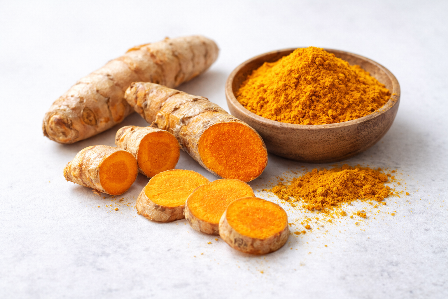 Fresh turmeric root sliced open beside a bowl of turmeric powder, showing the natural source  of curcumin.
