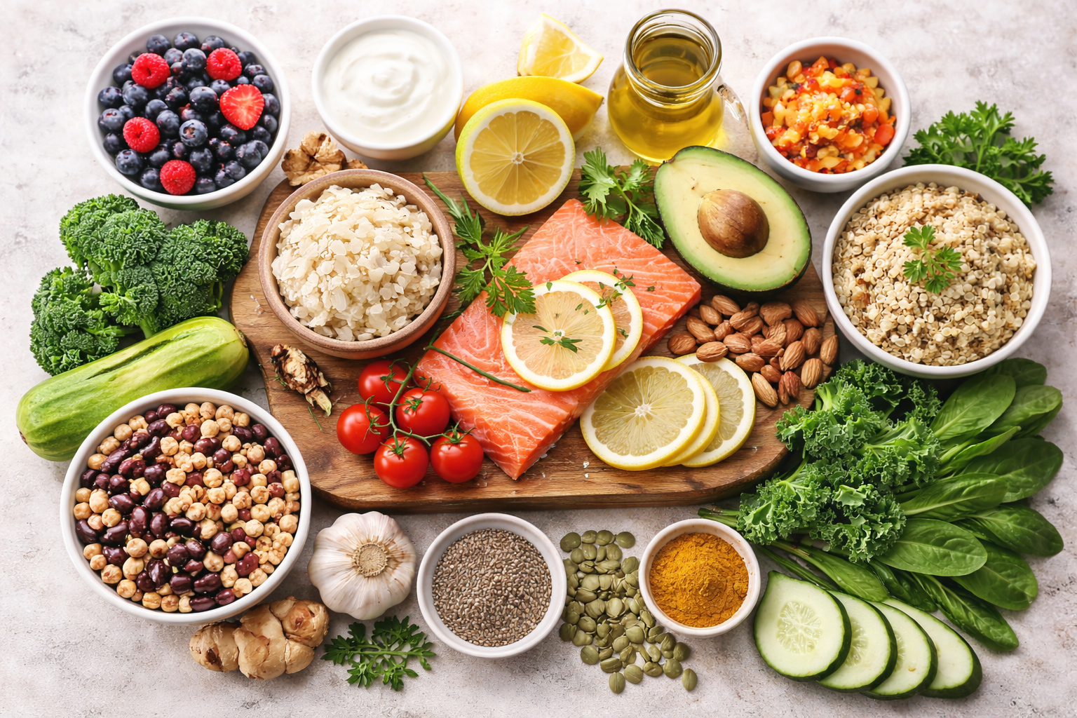 Flat lay of gut-healthy foods including salmon, avocado, leafy greens, yogurt, berries, nuts,  seeds, quinoa, and fermented vegetables on a light surface