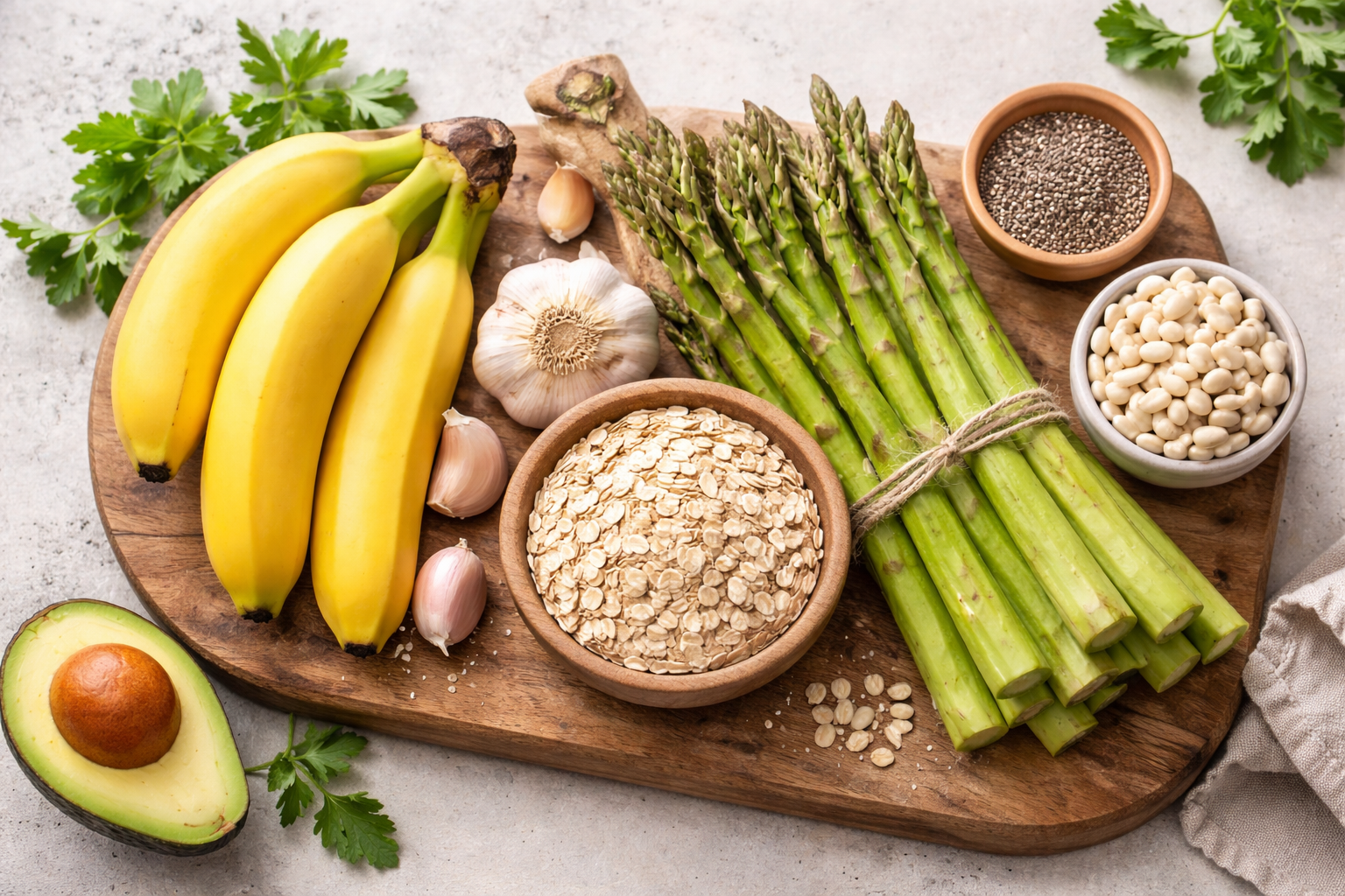 Bananas, asparagus, garlic, oats, chia seeds, white beans, and avocado arranged on a  wooden cutting board as prebiotic foods