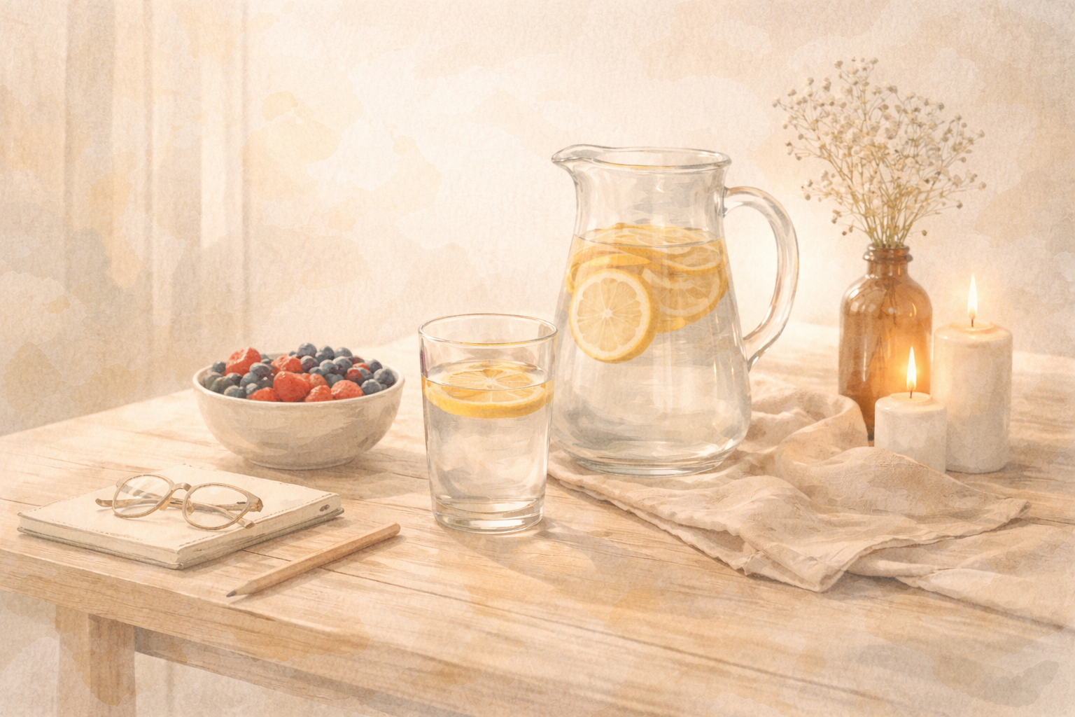 Painterly wellness illustration representing a calm reset without detox or restriction, symbolizing relief and stabilization.