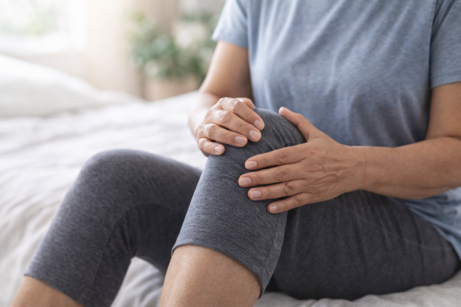 Middle-aged person gently holding and stretching their knee, representing joint inflammation  and discomfort.