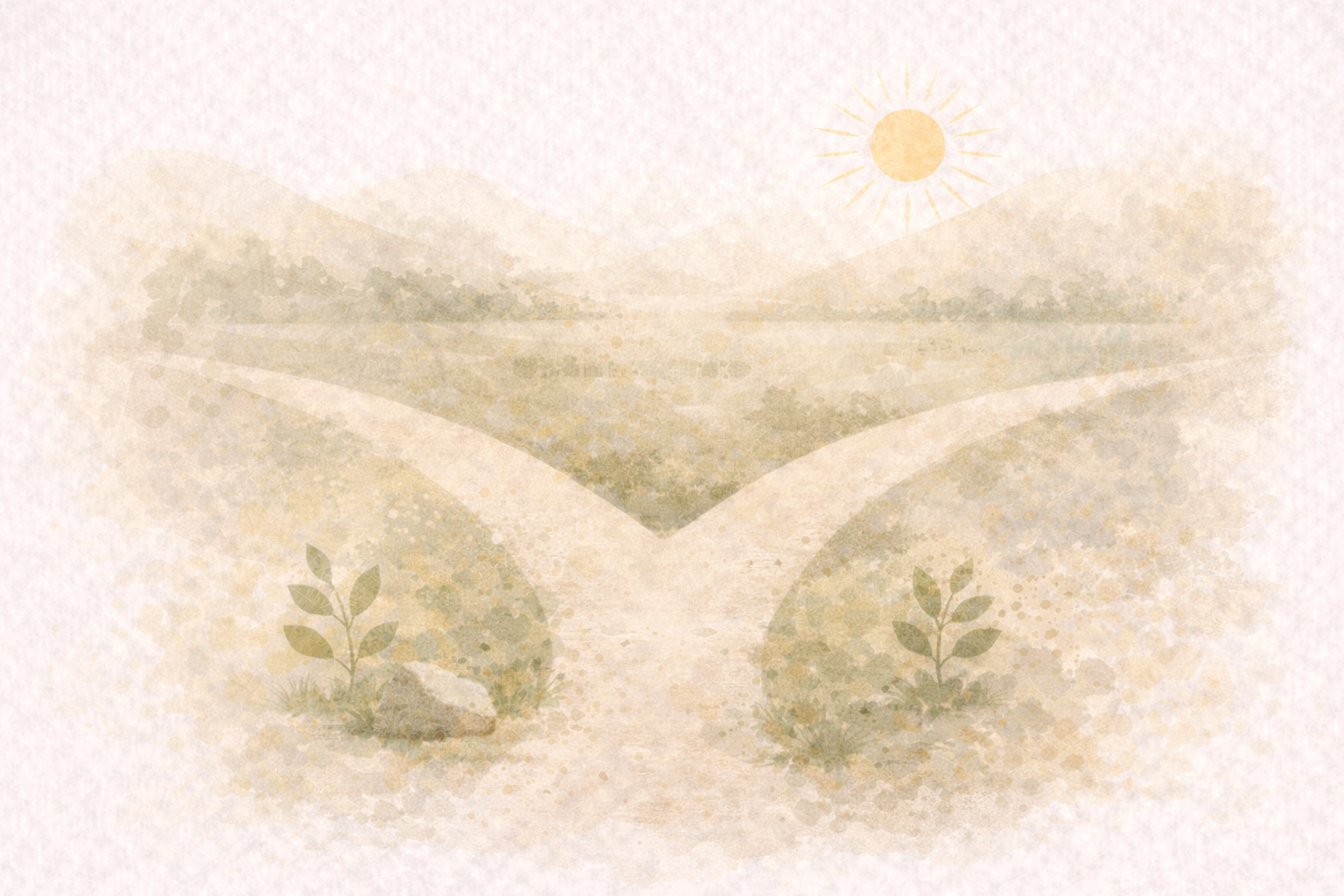 Minimal wellness illustration of a fork in the path representing a calm choice between pushing  forward or adjusting gently