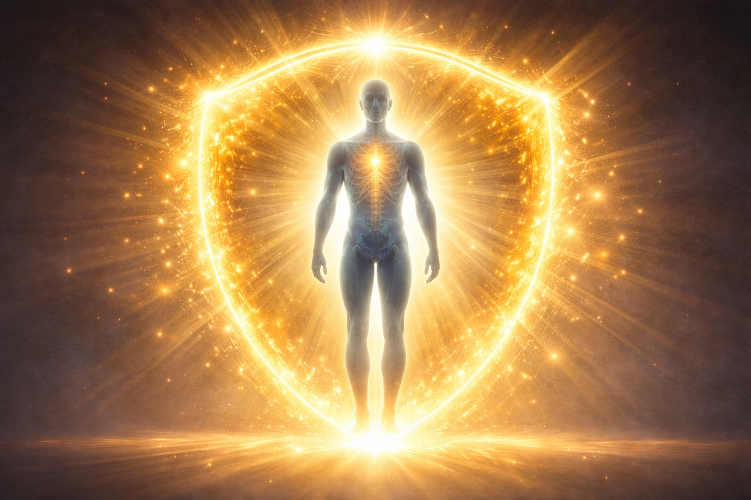 Human body silhouette surrounded by a glowing golden shield made of sunlight particles  representing immune protection