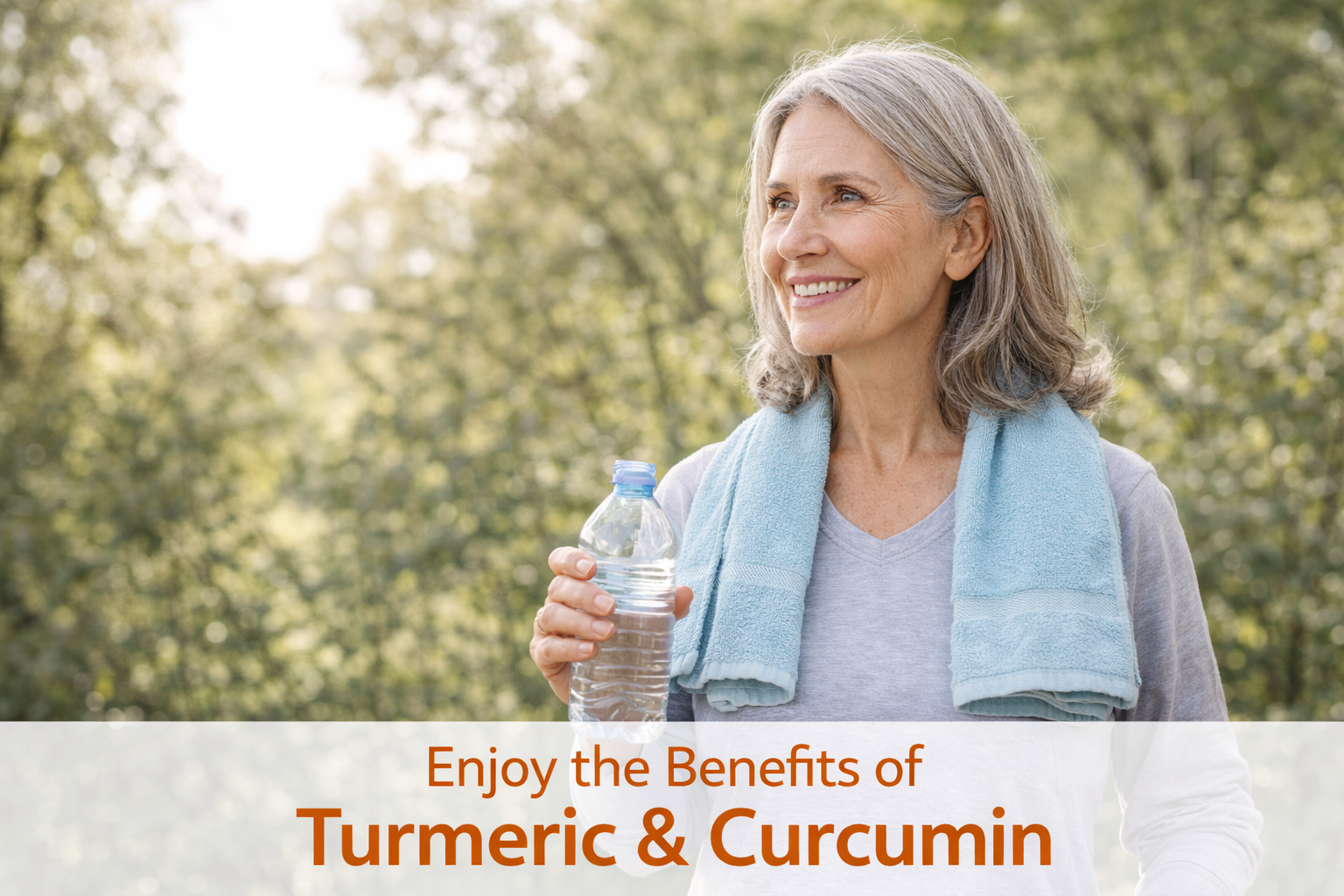 Older woman enjoying an active outdoor lifestyle while holding a water bottle, representing the  benefits of turmeric and curcumin.