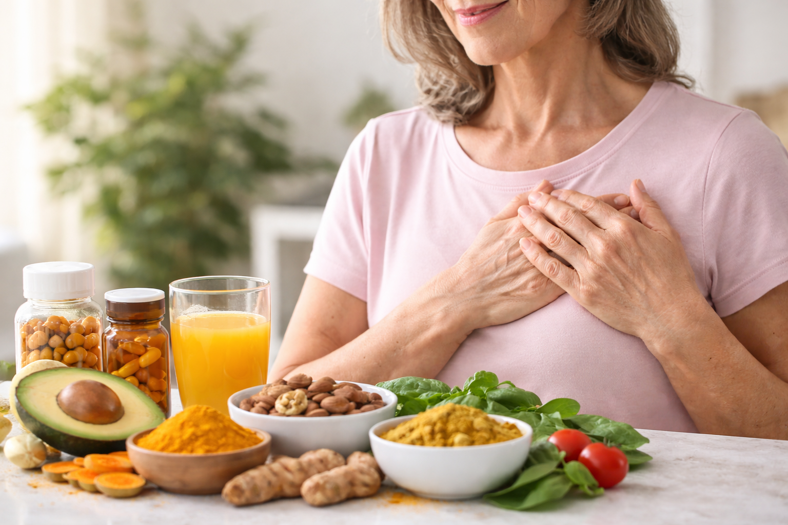 Middle-aged woman holding her hands over her heart beside turmeric, healthy foods, and  supplements on a kitchen counter.