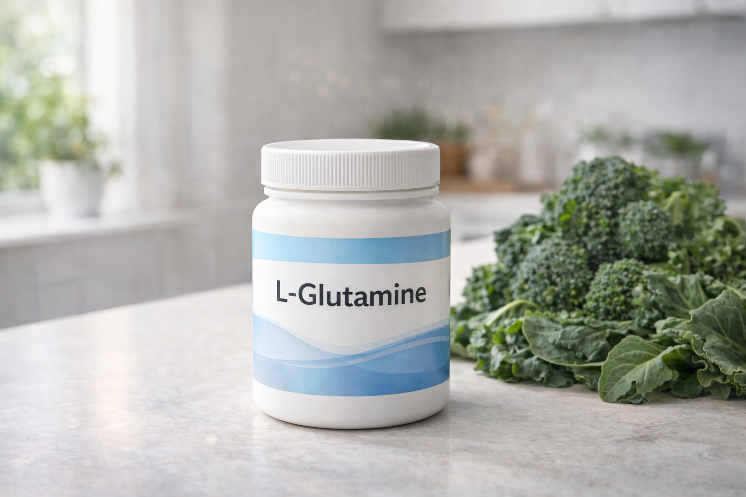 Jar labeled L-glutamine placed on a kitchen counter beside fresh leafy greens