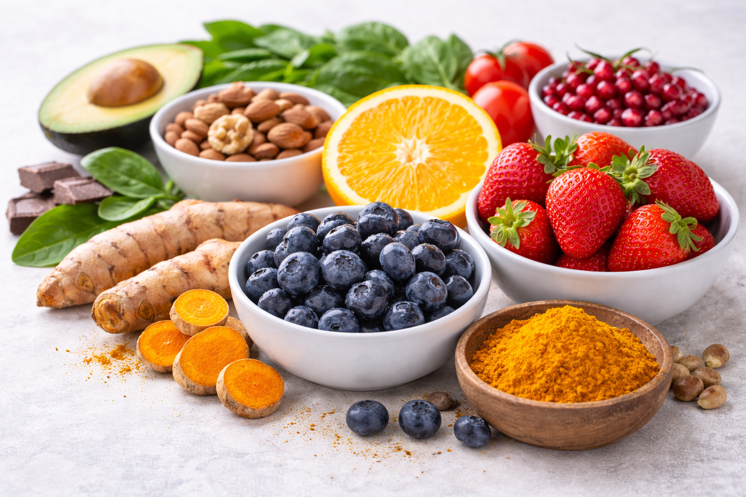 Assorted antioxidant-rich foods including turmeric root and powder, blueberries, strawberries,  orange, nuts, and leafy greens.
