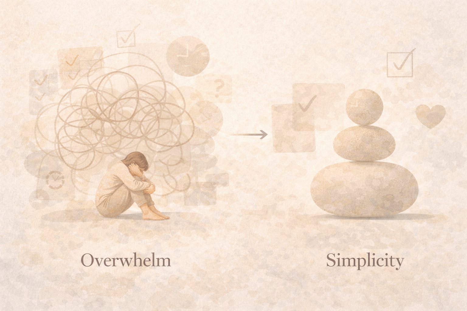 Minimal wellness illustration contrasting overwhelm with simplicity in daily habits and routines