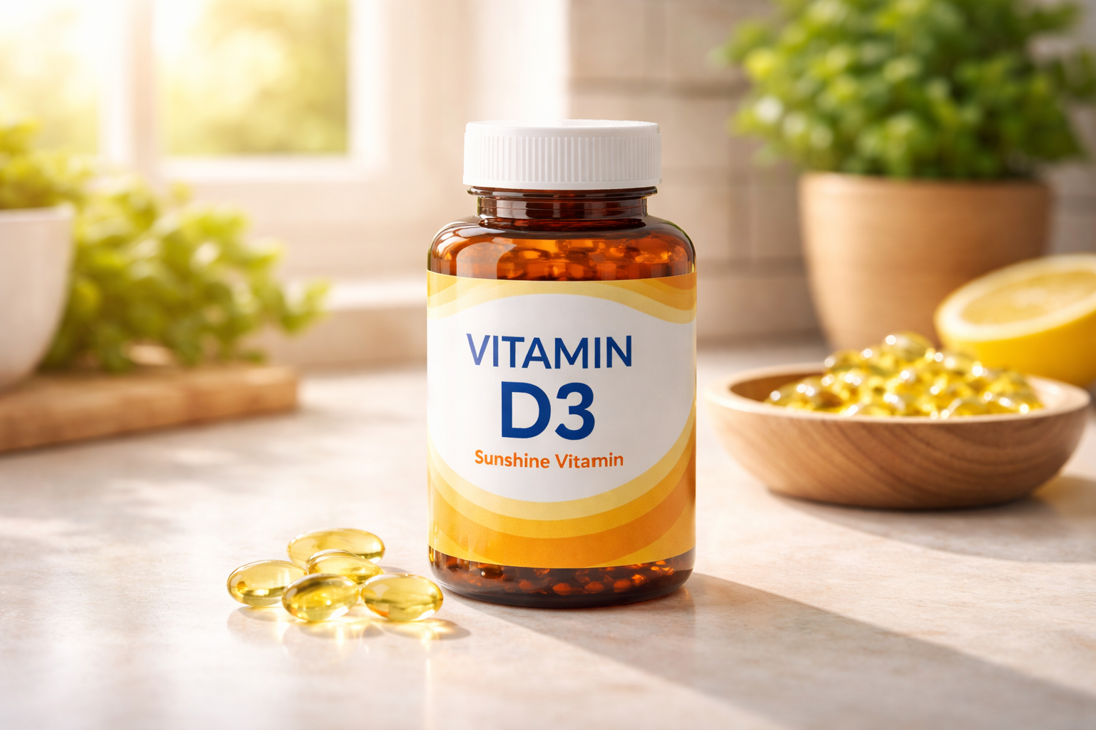 Sealed Vitamin D3 supplement bottle on a sunlit kitchen counter with softgel capsules nearby