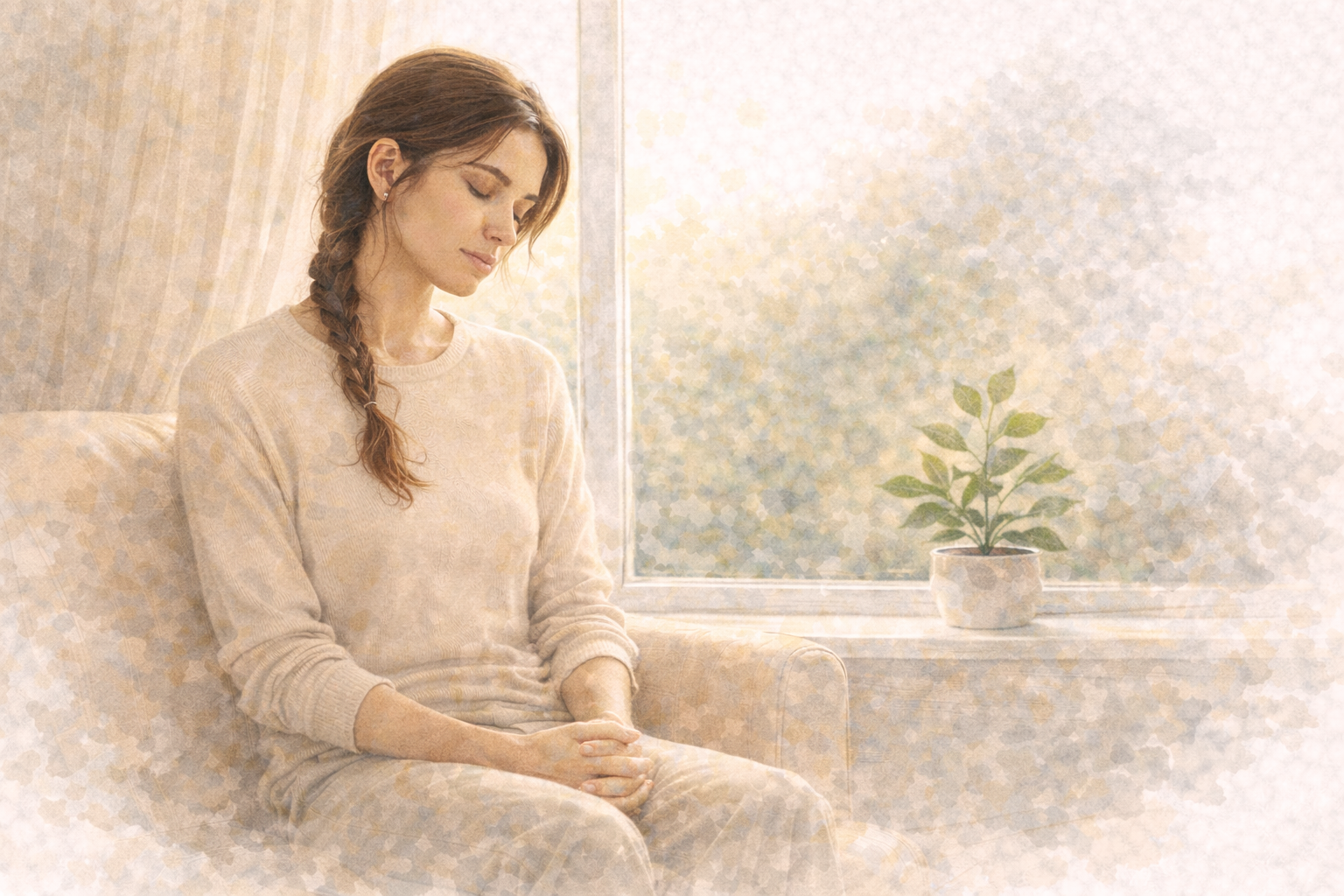 Illustrated wellness image of a woman sitting quietly near a window, reflecting on changes in  her health routine