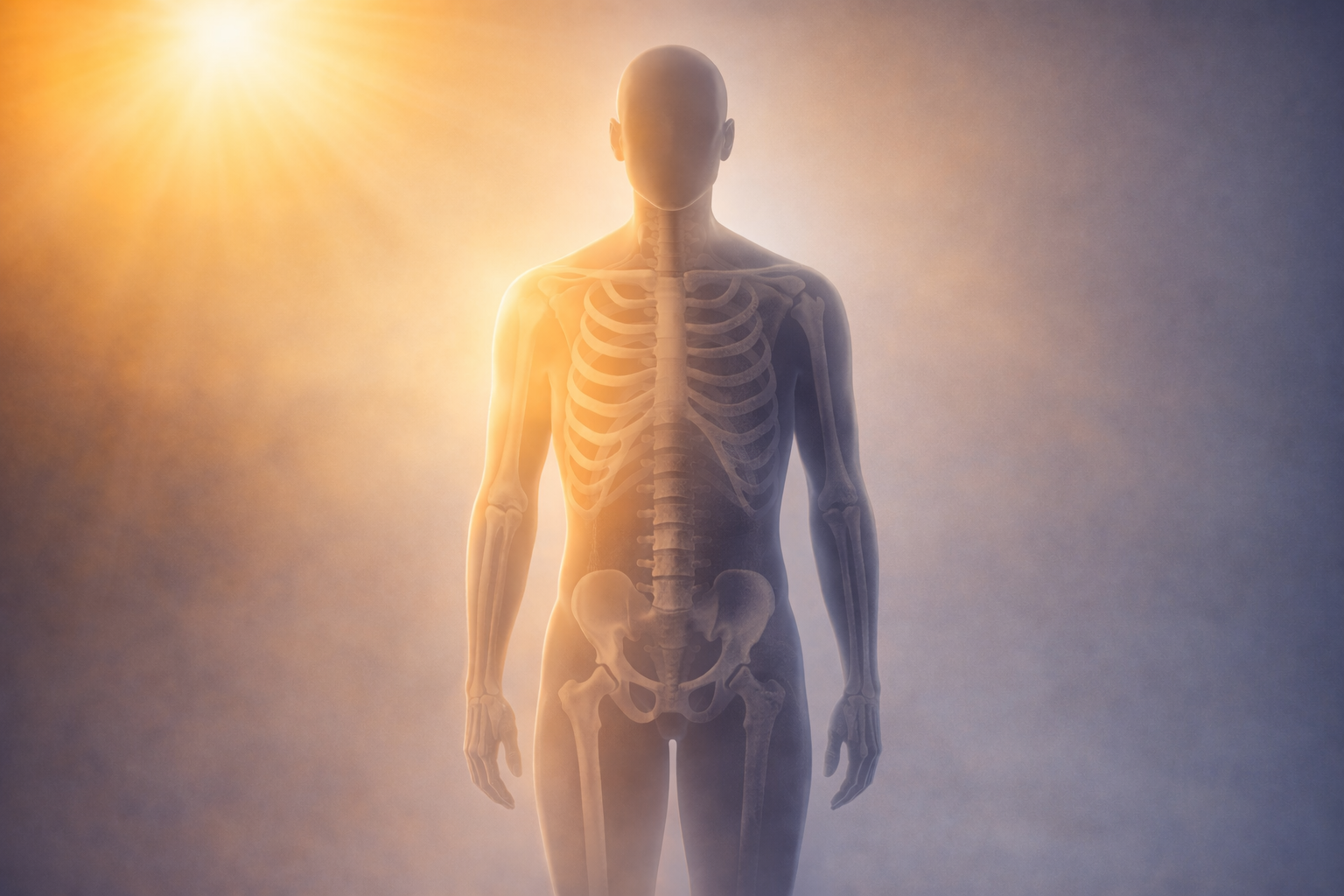 Semi-transparent human body silhouette with visible skeleton and fading sunlight across the  body