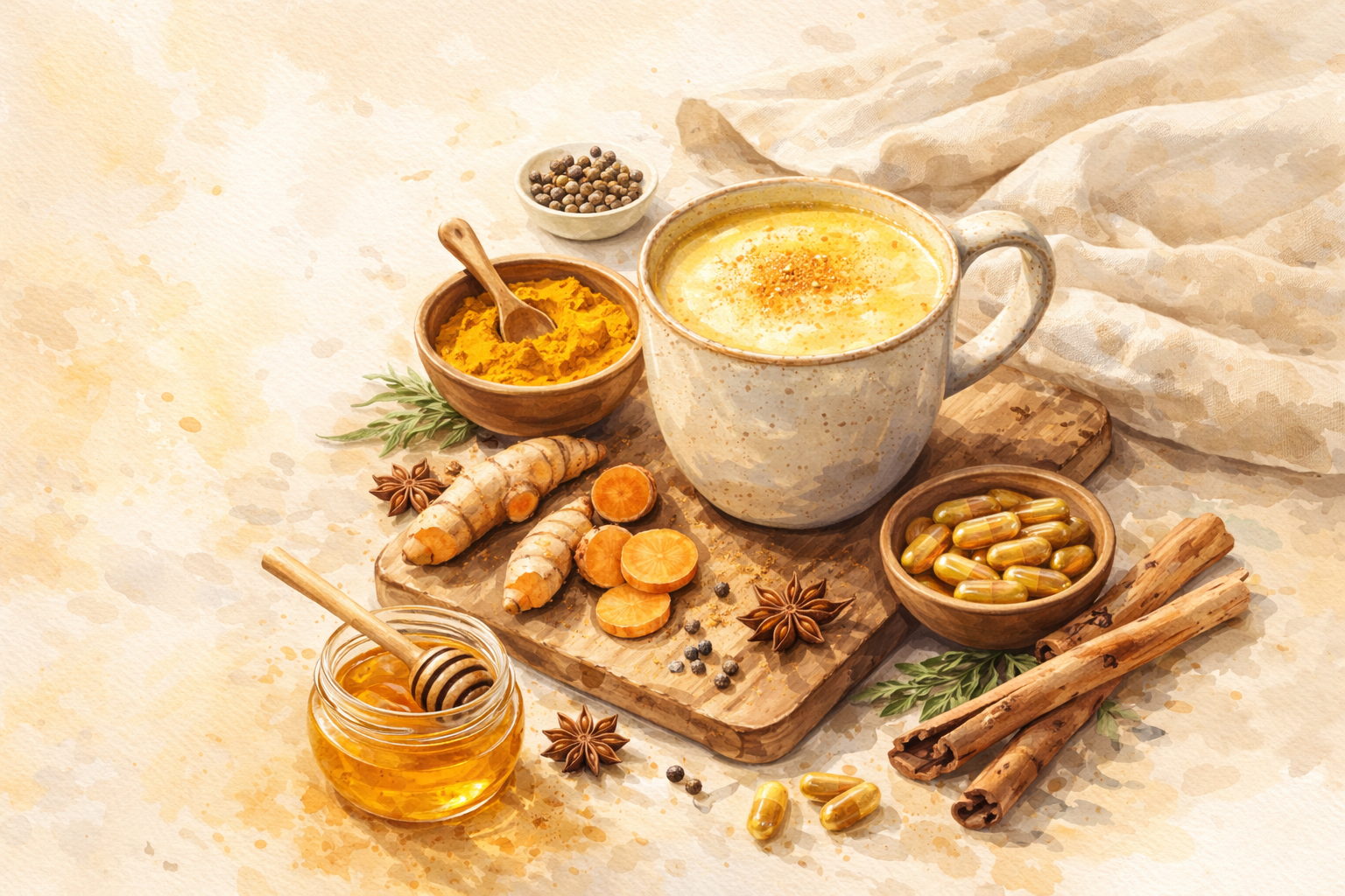 Watercolor-style illustration of a turmeric golden milk latte with fresh turmeric root, turmeric  powder, and capsules on a rustic wooden surface.