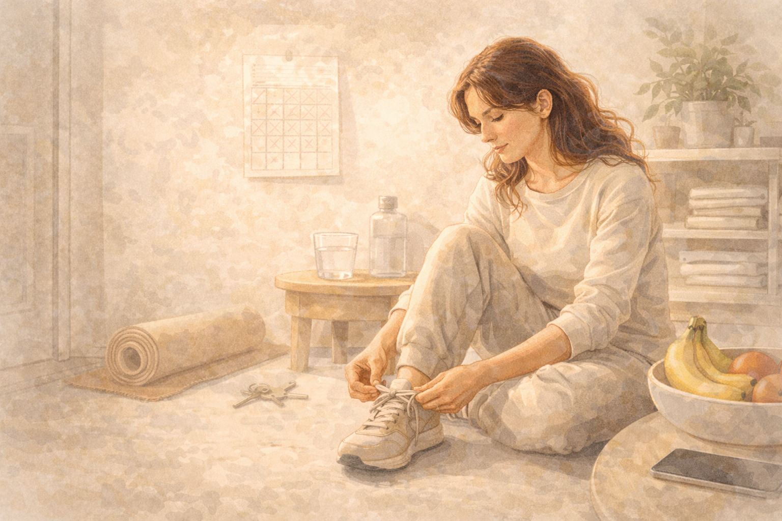 Illustrated wellness image of a woman in a calm home setting, representing a peaceful and  realistic daily routine