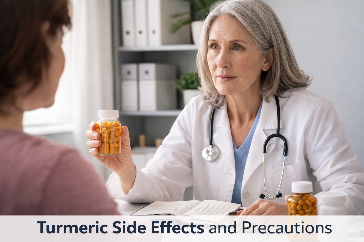 Doctor discussing turmeric supplements with a patient in a medical office, highlighting side  effects and precautions.