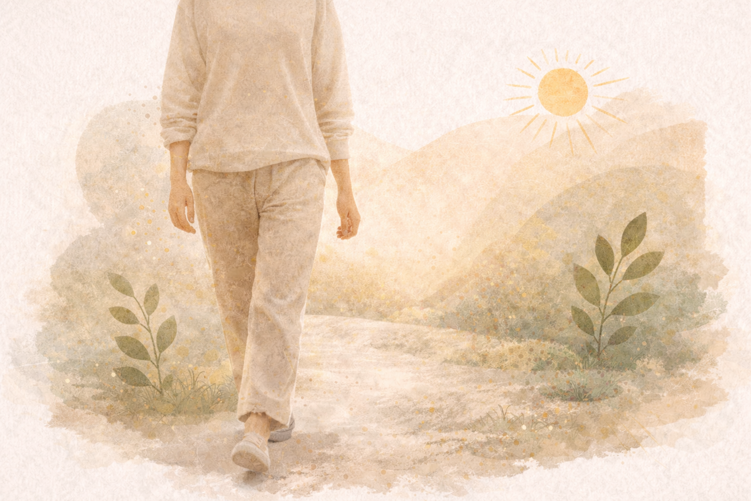 Illustrated wellness scene of a person walking slowly outdoors, symbolizing calm progress and  steady adjustment