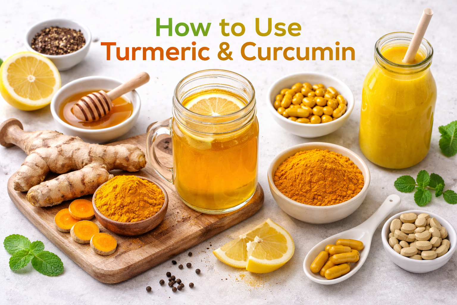 Turmeric tea, turmeric powder, fresh turmeric root, capsules, and supplements arranged on a  marble surface showing different ways to use turmeric and curcumin.