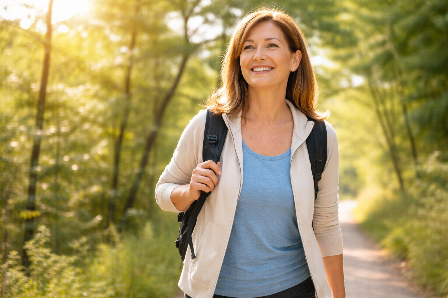 Middle-aged woman hiking outdoors in sunlight, representing healthy living after 40