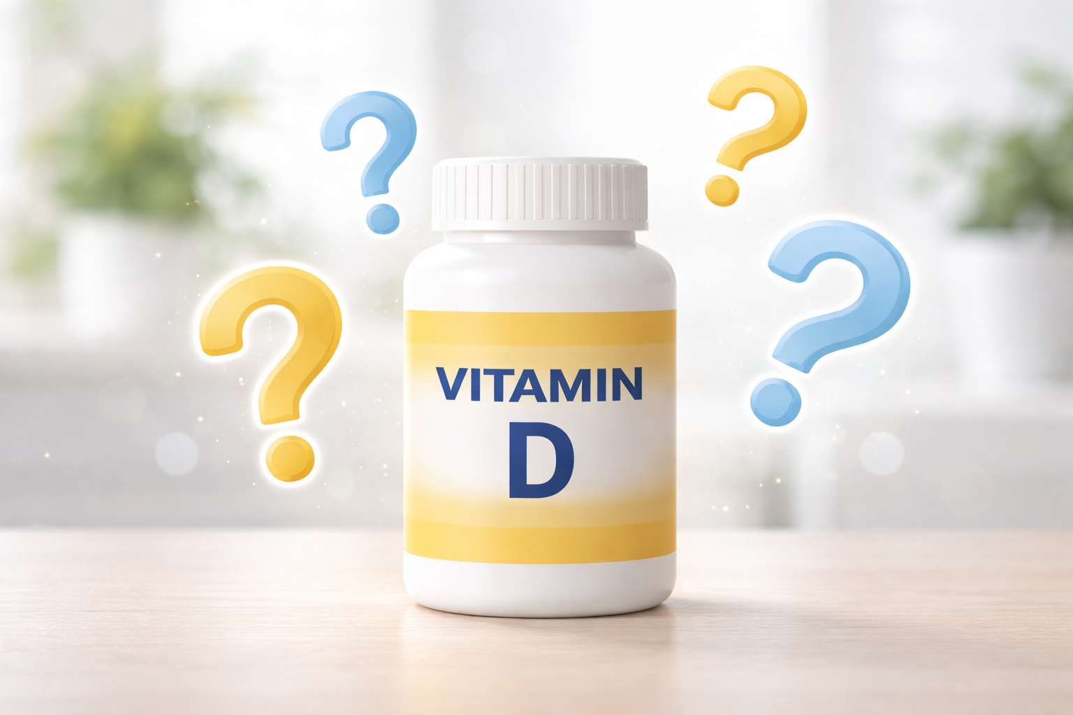 Vitamin D supplement bottle surrounded by floating question marks on a clean wellness  background