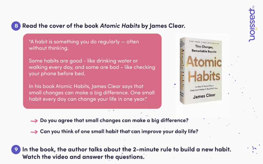 Screenshot of a By Passion English lesson plan with Atomic Habits book