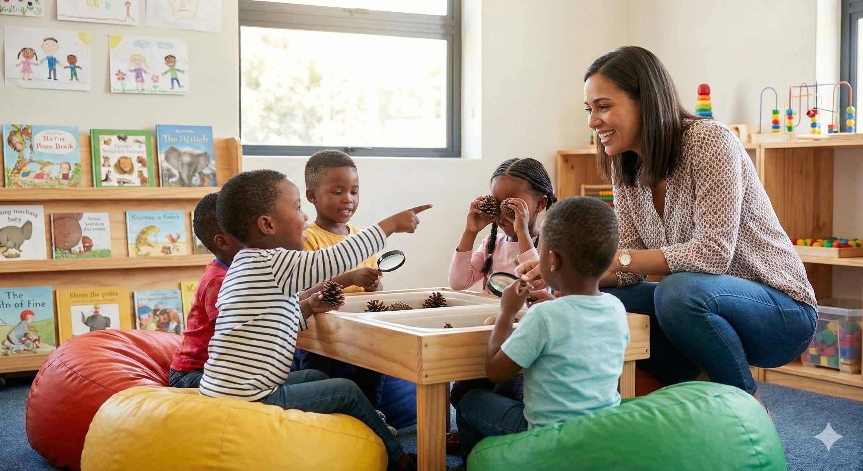 A diverse group of early years children and a smiling teacher gathered around a low sensory table filled with pinecones and leaves. A young boy wearing a blue hearing aid points excitedly across the table, while other students raise their hands to ask questions in a bright, inclusive classroom environment.
