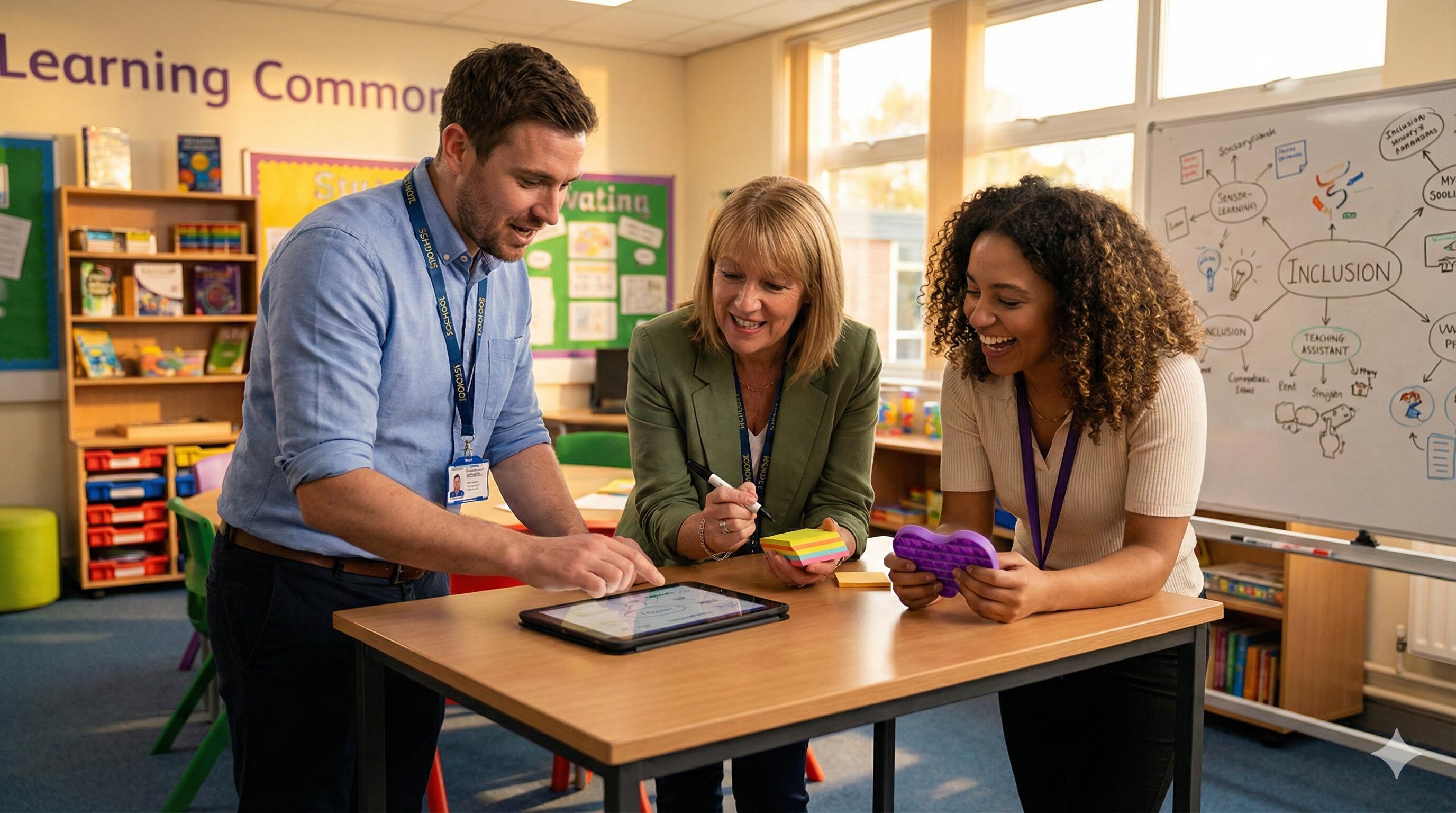 Three smiling educators collaborating energetically at a standing desk in a school innovation lab. A male teacher points to a tablet screen sharing an idea, while a female headteacher with sticky notes and a teaching assistant holding a purple sensory toy look on with interest. A whiteboard in the background features a mind map titled 'Inclusion'.