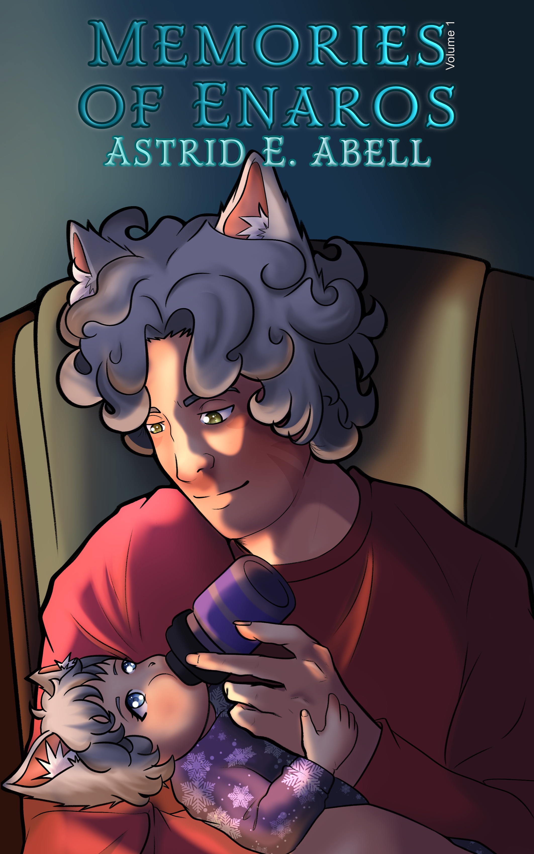 The cover to Memories of Enaros featuring Kaedan bottle-feeding Inarora in his arms.