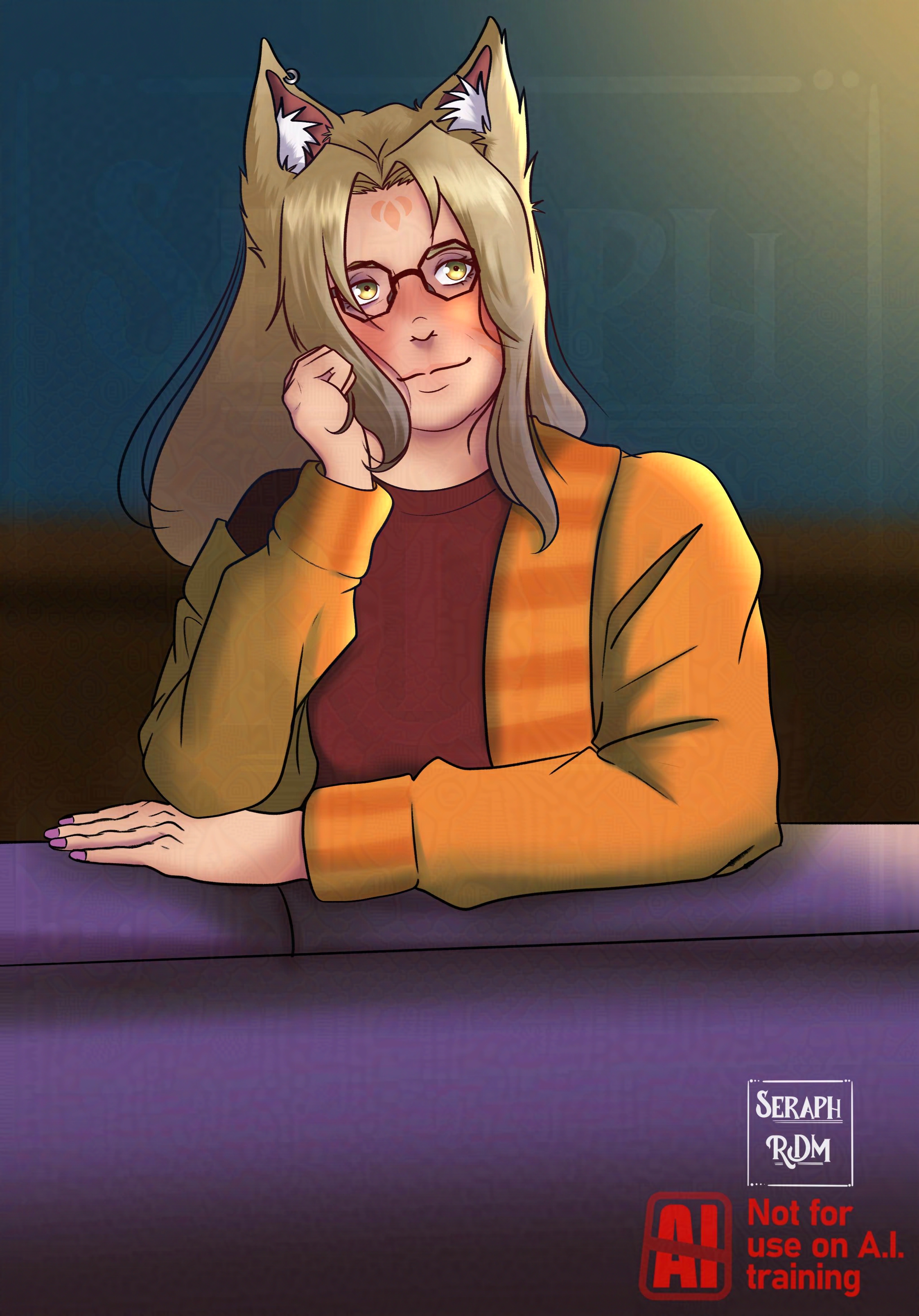 A portrait of Lysander standing in the dark and looking up towards the sky