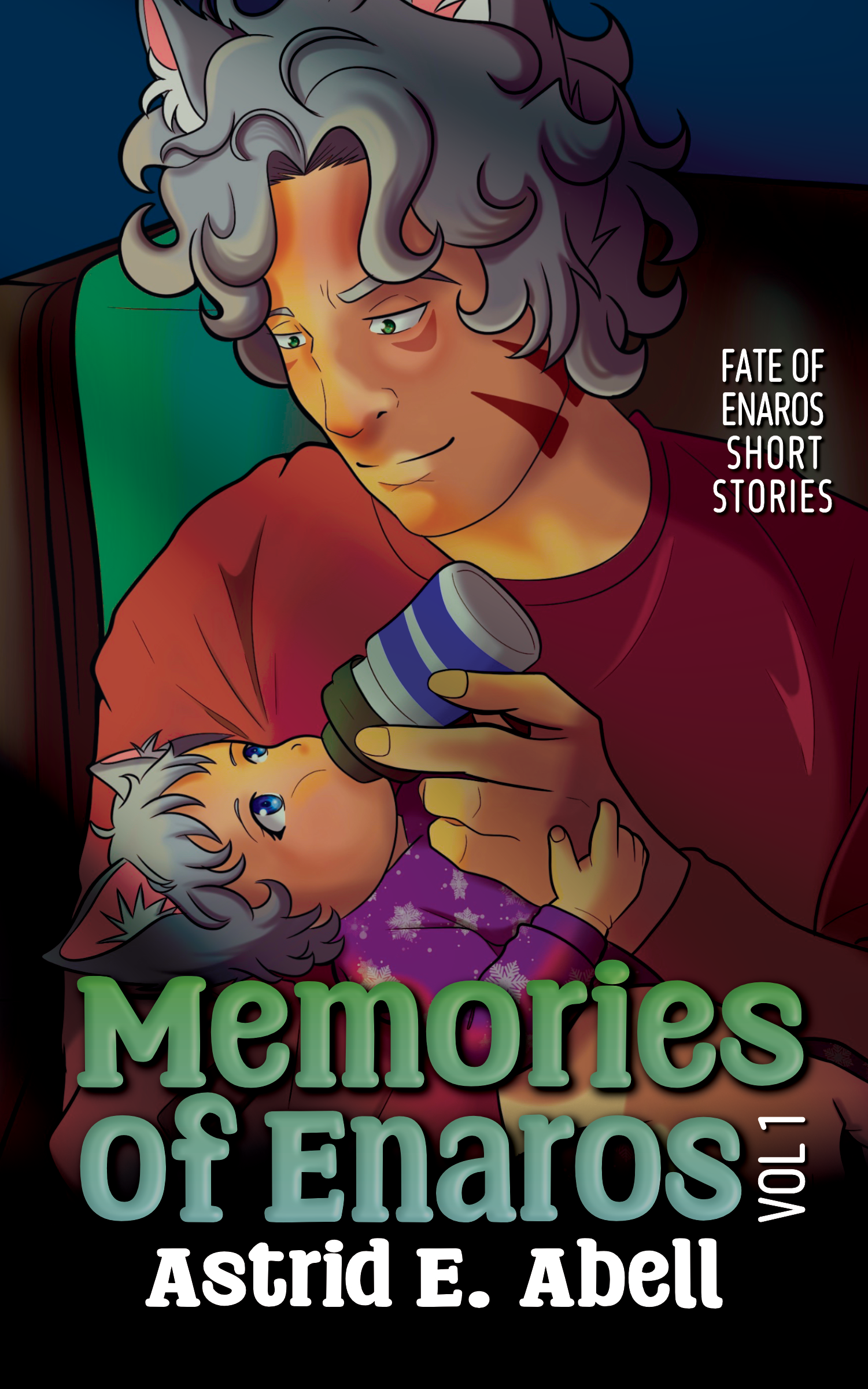The cover to Memories of Enaros featuring Kaedan bottle-feeding Inarora in his arms.
