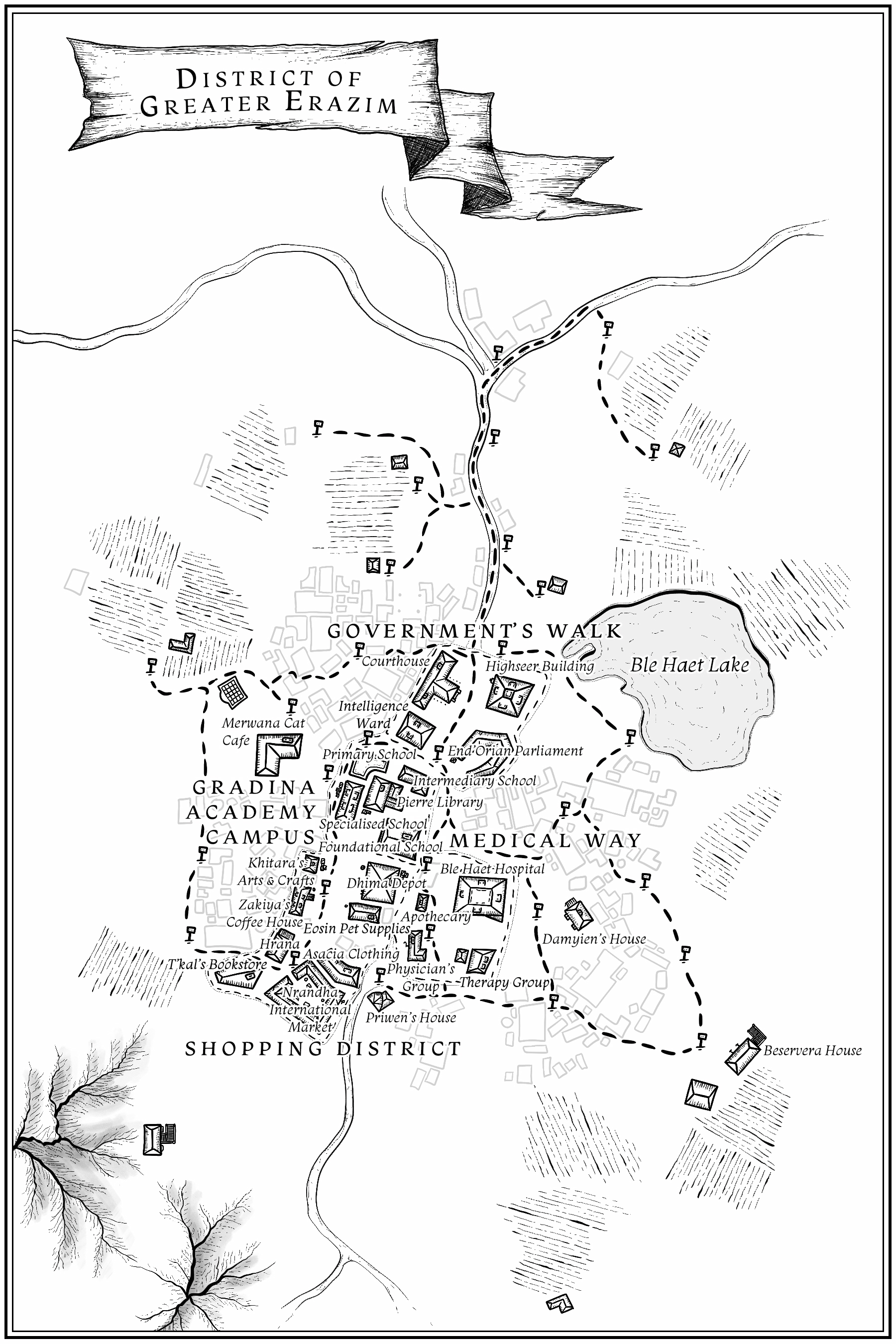 A map of the city of Erazim featuring a school district, a shopping district, a governmental district, and a medical one. It features a huge lake to the northeast, and lots of bus stops.