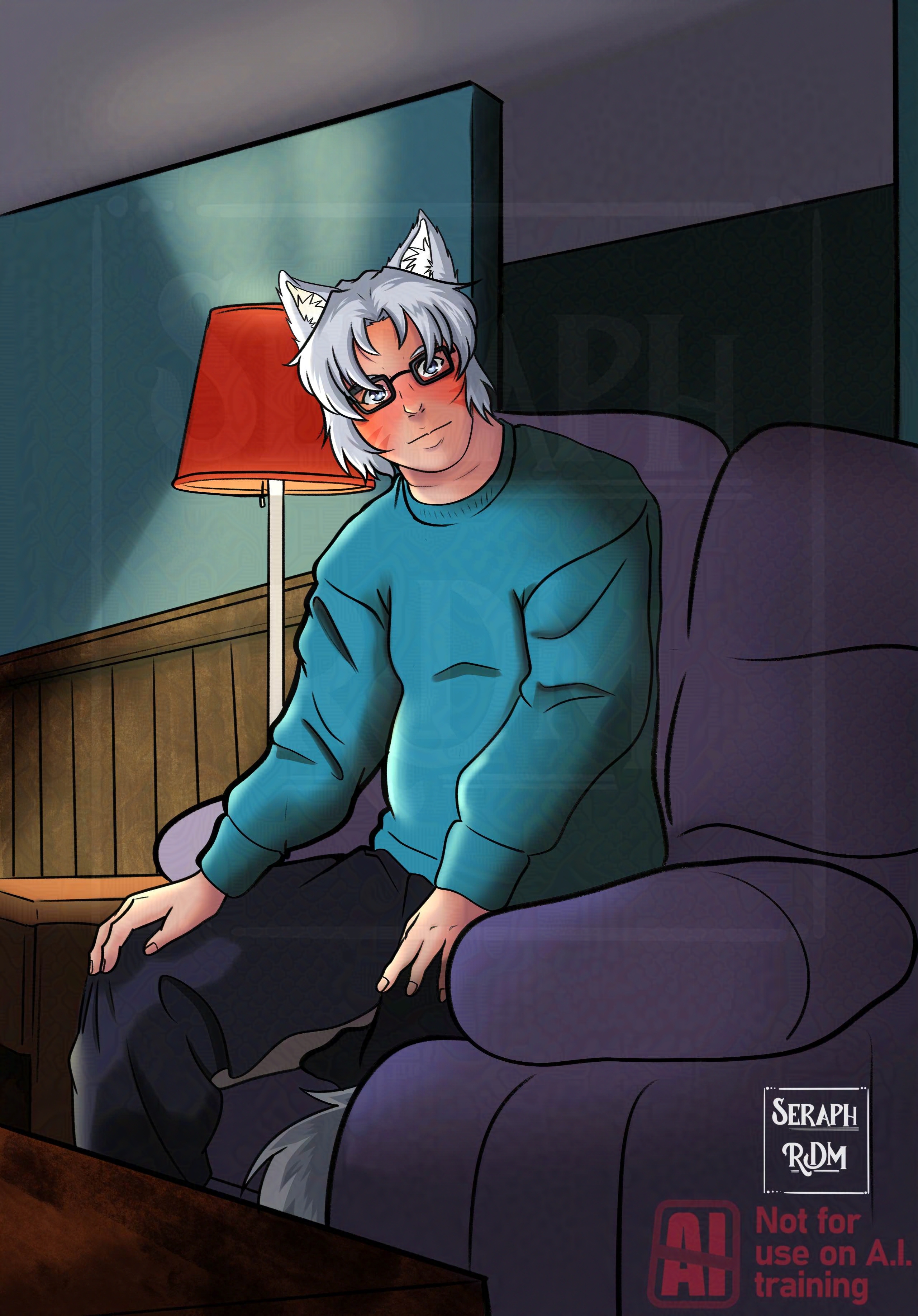 A portrait of Kaedan sitting in his room in stark light
