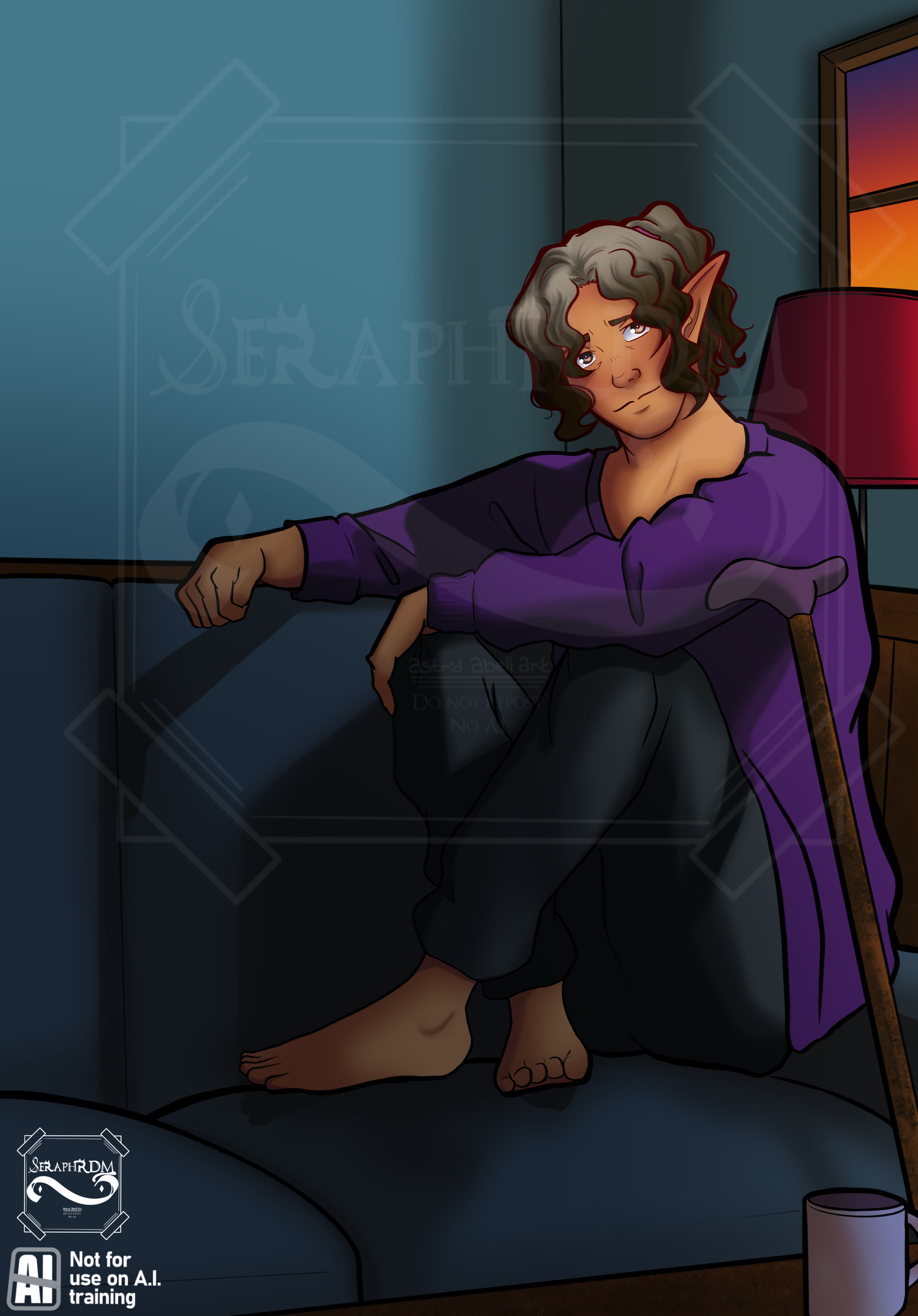 A portrait of Lysander standing in the dark and looking up towards the sky