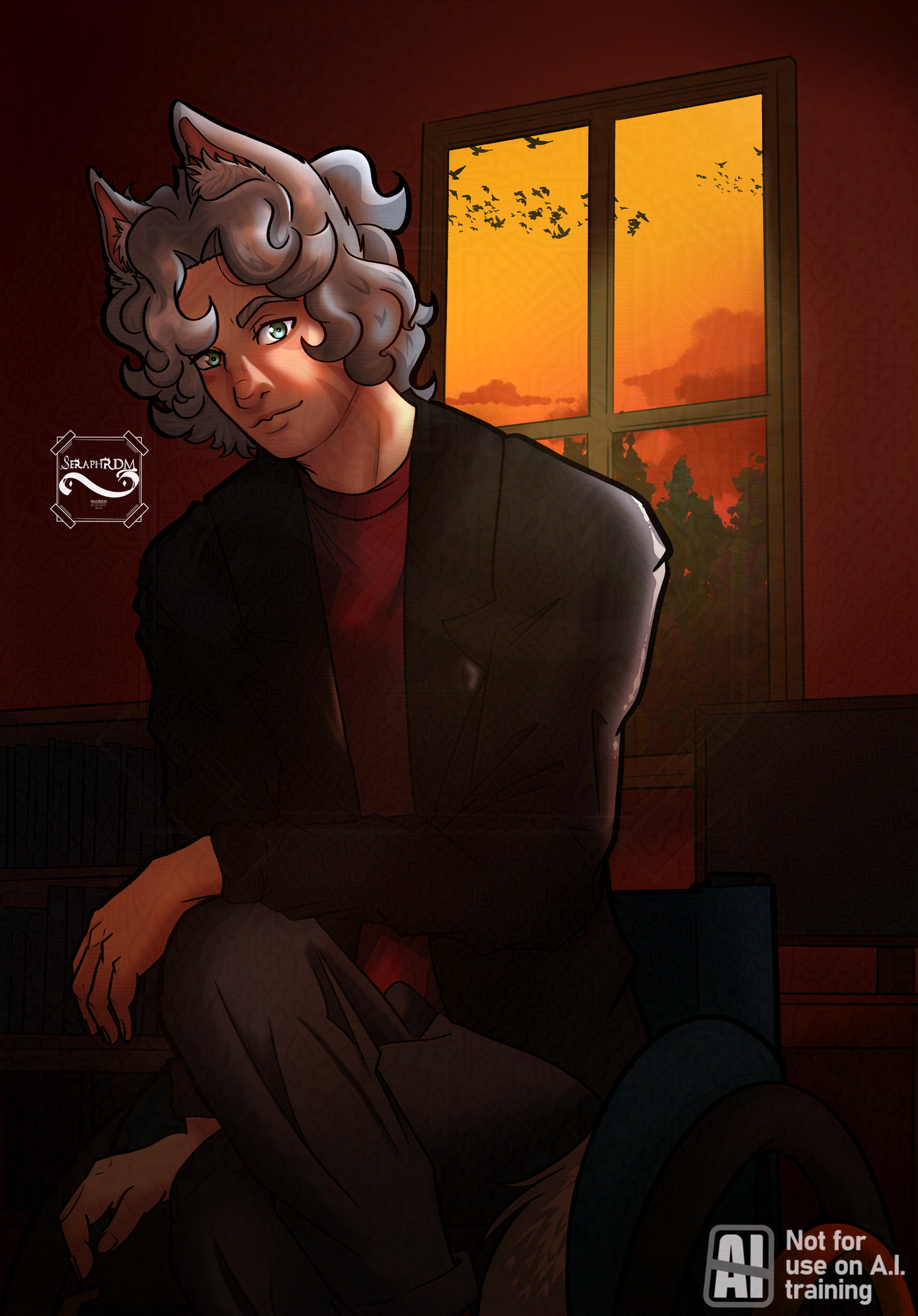 A portrait of Kaedan sitting in his room in stark light